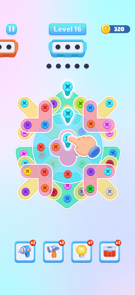 Nuts Out - Screw Jam Puzzle - Level 16 gameplay of Nuts Out Screw Jam Puzzle showing a hand tapping a light blue screw on a colorful sorting board