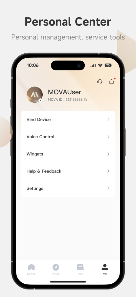 MOVAhome - Écran du centre personnel de l'application MOVAhome montrant la gestion du profil et les paramètres de contrôle vocal.