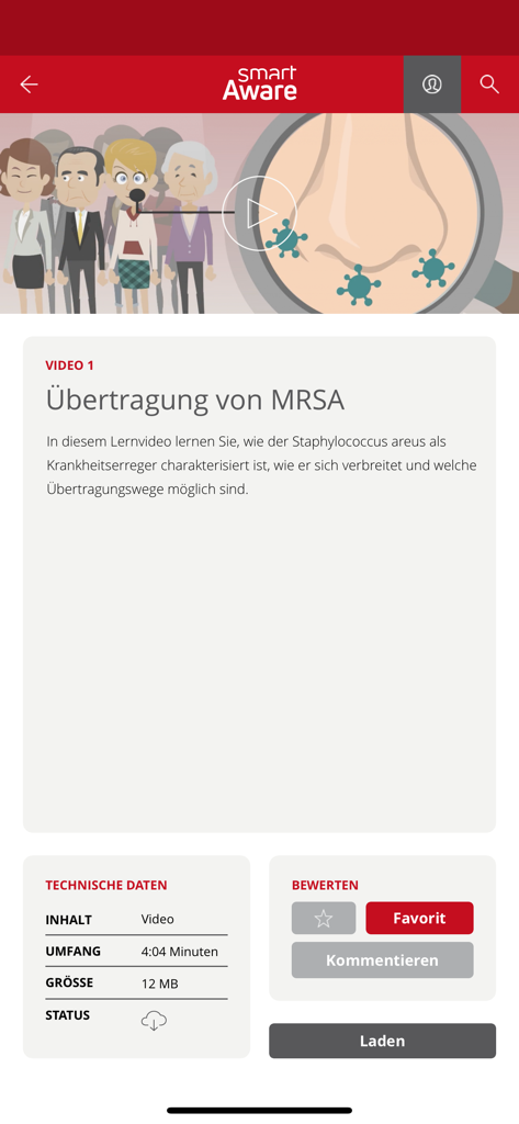 Oberfläche der smartAware-App, die ein digitales Schulungsmodul über die MRSA-Übertragung für medizinisches Fachpersonal zeigt