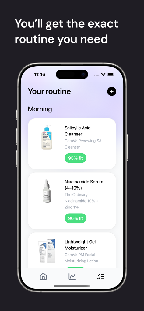 Halo: Clear Skin in 55 Days - A smartphone screen displaying a personalized morning skincare routine in the Halo app with product recommendations and compatibility scores.
