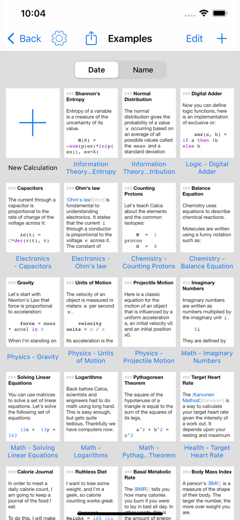 Calca - A grid display of various scientific and mathematical calculation examples within the Calca app.