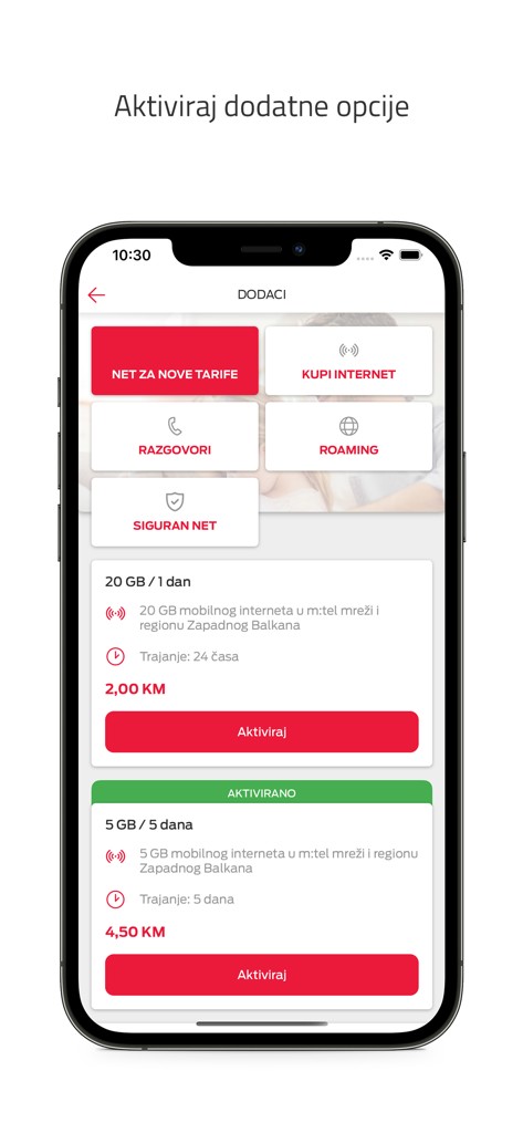 Screenshot of Moj mtel app showing options to activate mobile data, international roaming, and talk time add-ons.