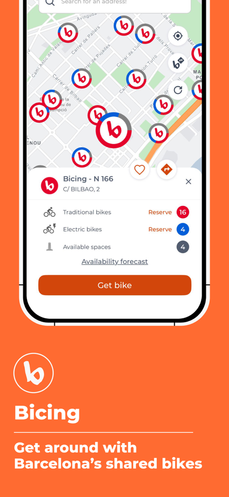 SMOU mobile app interface showing a map of Barcelona with shared bike station locations and real-time availability