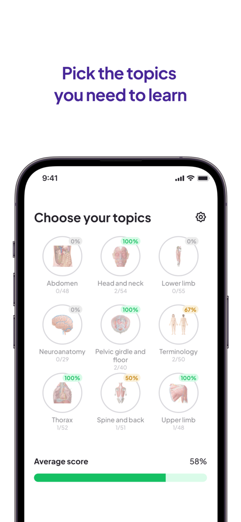 Daily Anatomy Flashcards app interface showing various anatomical topics like head neck and neuroanatomy for user selection