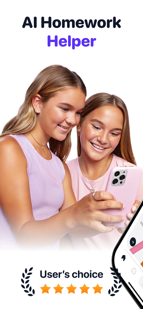 AI Homework: Solver Helper Pro - Two smiling teenage students looking at the AI Homework Helper app on a pink smartphone