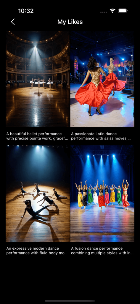 Voola - Una pantalla en la aplicación Voola titulada Mis Me Gusta mostrando una cuadrícula de videos de actuaciones de danza guardados, incluyendo ballet y danza latina