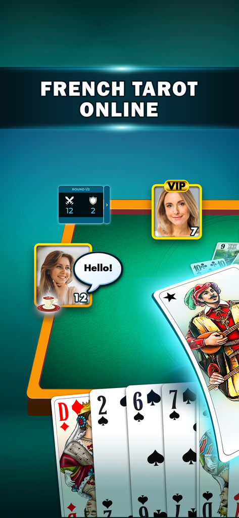 Jugabilidad del juego de cartas multijugador en línea French Tarot mostrando avatares y manos de cartas