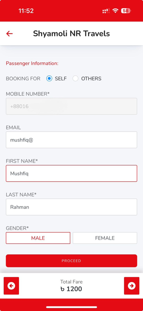BDTICKETS - Passenger information form for booking a bus ticket on the BDTICKETS app