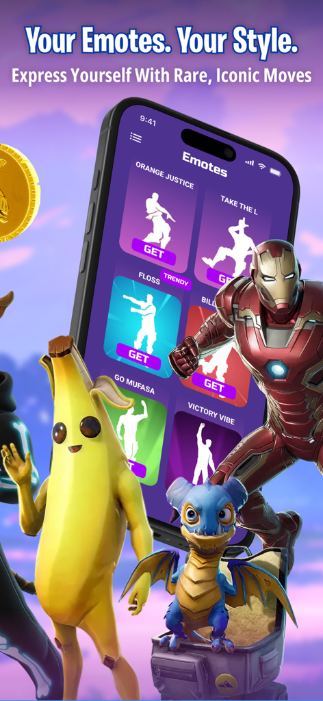 FZone - Fortnite Game Stats - Smartphone mostrando la sección de emotes de la app FZone con personajes de Fortnite Peely y Iron Man