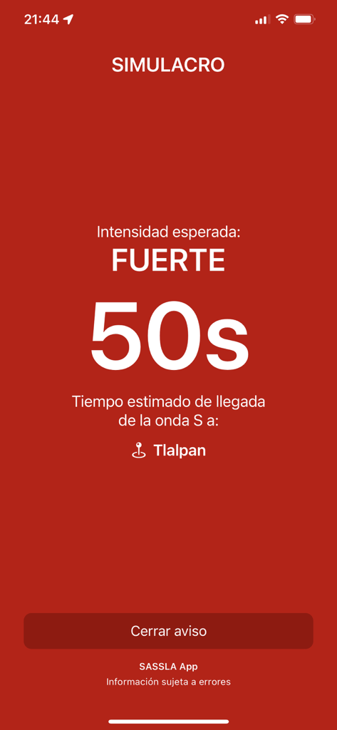 SASSLA app screenshot showing a seismic drill notification with a 50-second countdown and strong intensity warning.