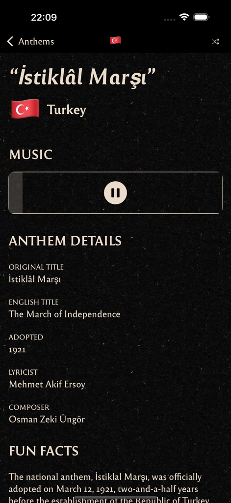 Screenshot of the Anthems app displaying details for the Turkish national anthem Istiklal Marsi including composer and lyricist information with an audio player