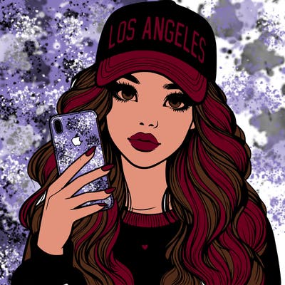 realistic beautiful girl wearing los ángeles cap holding an iphone