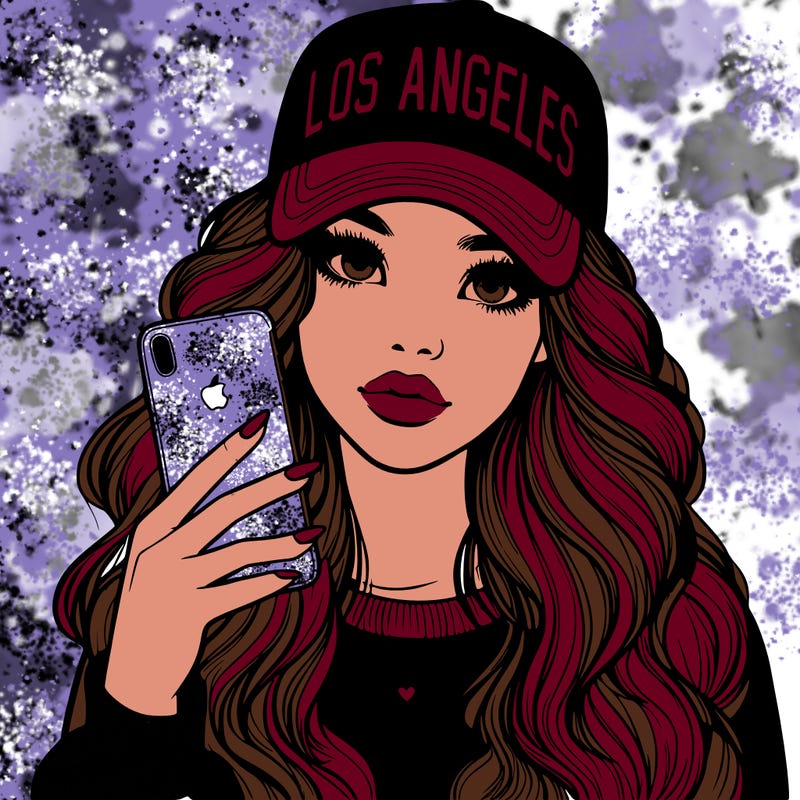 realistic beautiful girl wearing los ángeles cap holding an iphone