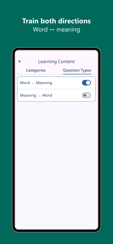 Rare English Words Trainer - The learning content settings screen for choosing word to meaning or meaning to word practice