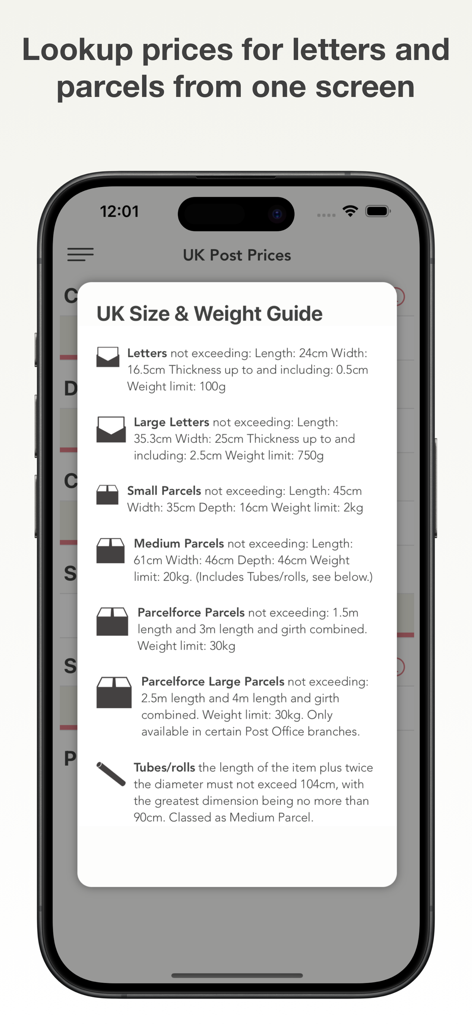 UK Post Prices - UK Post Prices app displaying the UK Size and Weight Guide for letters and parcels on a smartphone screen.