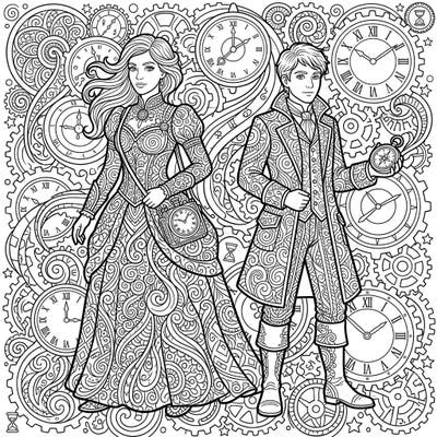 Explore a mesmerizing world where Time Travelers meet the calming art of Zentangle. This detailed coloring page invites you to add vibrant life to an adventurous duo and their steampunky surroundings.