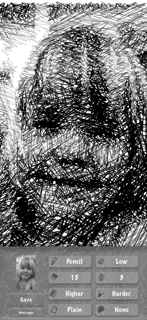 Interface of the SketchMee app showing a photo converted into a high-quality black and white pencil sketch with custom drawing settings