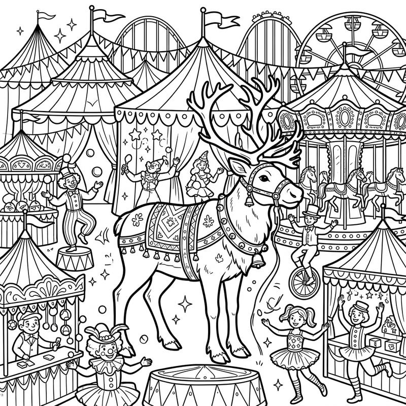 Get ready for an extraordinary coloring experience as a magnificent domestic reindeer takes center stage at a vibrant carnival. This intricate scene is bursting with festive fairground attractions and cheerful performers, promising hours of creative fun.