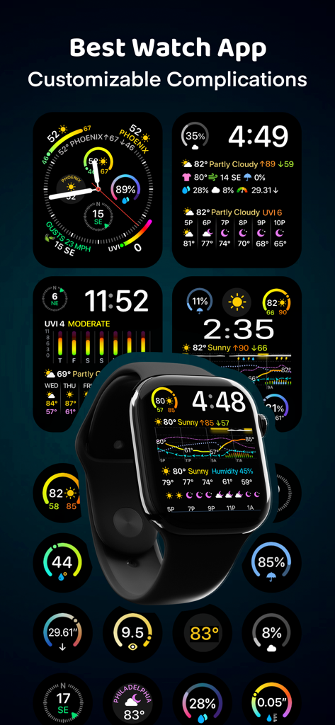 Weather Mate - NOAA Radar Maps - Customizable Apple Watch complications showing detailed weather data and forecasts from Weather Mate.