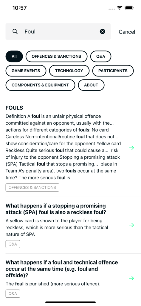 Football Rules by The IFAB - A search screen within the Football Rules app showing results and Q&A for the term foul.