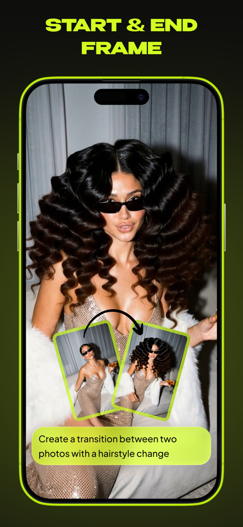 Qontrast AI: Video Generator - Qontrast AI app screenshot showing the start and end frame feature for creating video transitions between two photos.