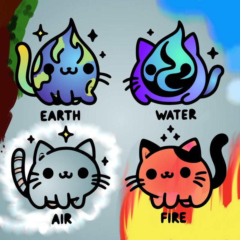 4 cats that represent the different elements, earth, water, air, and fire