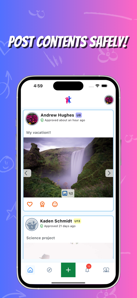 Young Creator - Screenshot der Young Creator App, der einen moderierten Social-Media-Feed zeigt, in dem Kinder sicher Inhalte posten können