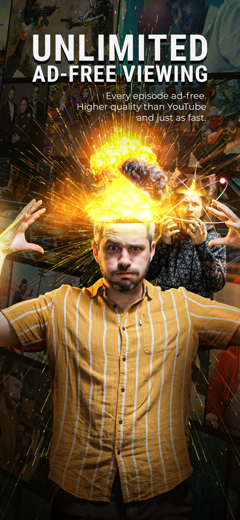 Corridor Digital - Corridor Digital app promotional screen for unlimited ad-free viewing featuring cinematic visual effects