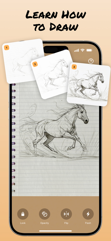 AR Draw: Sketching & Painting - La interfaz de la aplicación AR Drawing muestra un tutorial paso a paso de boceto de caballo sobre un cuaderno