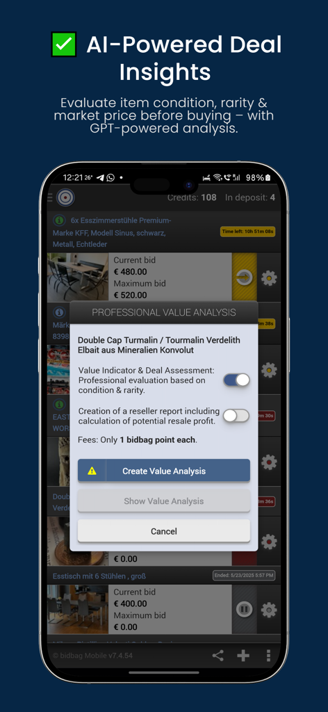 Interface do aplicativo BidBag mostrando análise de valor profissional e recursos de relatório para revendedores com IA para leilões do eBay.