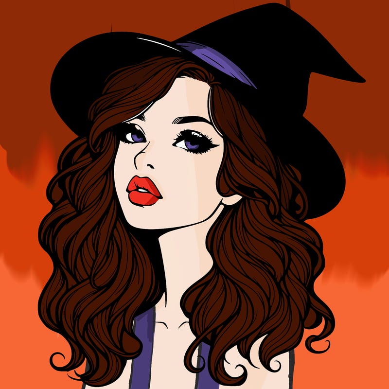 realistic witch girl with wavy hair and lips