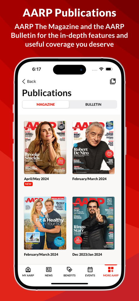 Pantalla de la aplicación móvil AARP Now que muestra portadas de revistas digitales de publicaciones de AARP