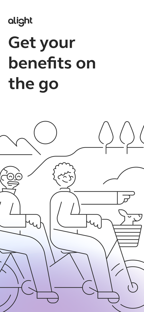 Alight Mobile - Alight Mobile app welcome screen with a line-art illustration of people on a tandem bike and the headline Get your benefits on the go