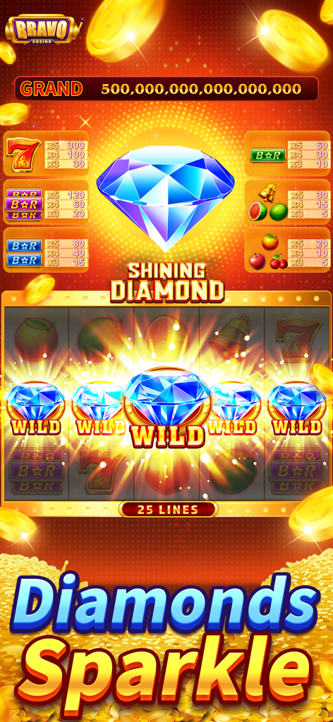 Bravo Casino-Slots Games - Una schermata di grande vincita in Bravo Casino sulla slot machine Shining Diamond con cinque simboli jolly diamante