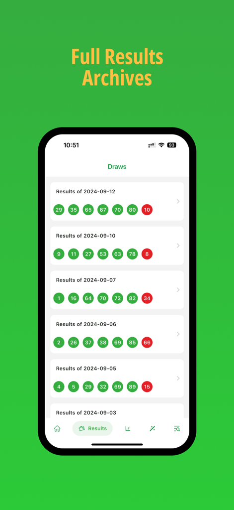 SuperEnalotto app displaying a list of historical lottery draw results and winning numbers