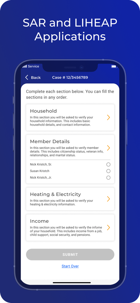 Screen from the myCOMPASS PA app showing sections for SAR and LIHEAP applications including household and income details