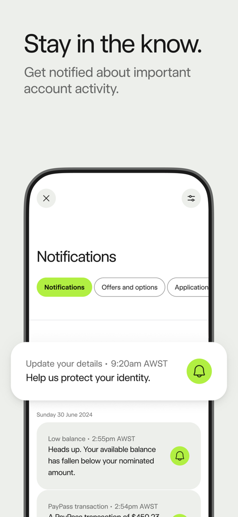 Bankwest - Bankwest app notification screen showing account activity alerts and identity protection messages.