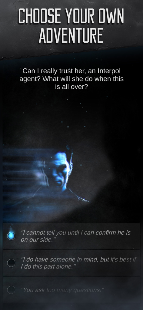 Murder Mystery Detective Story - Eine Detektivspieloberfläche mit interaktiven Dialogoptionen für eine Mordgeheimnis-Ermittlung.