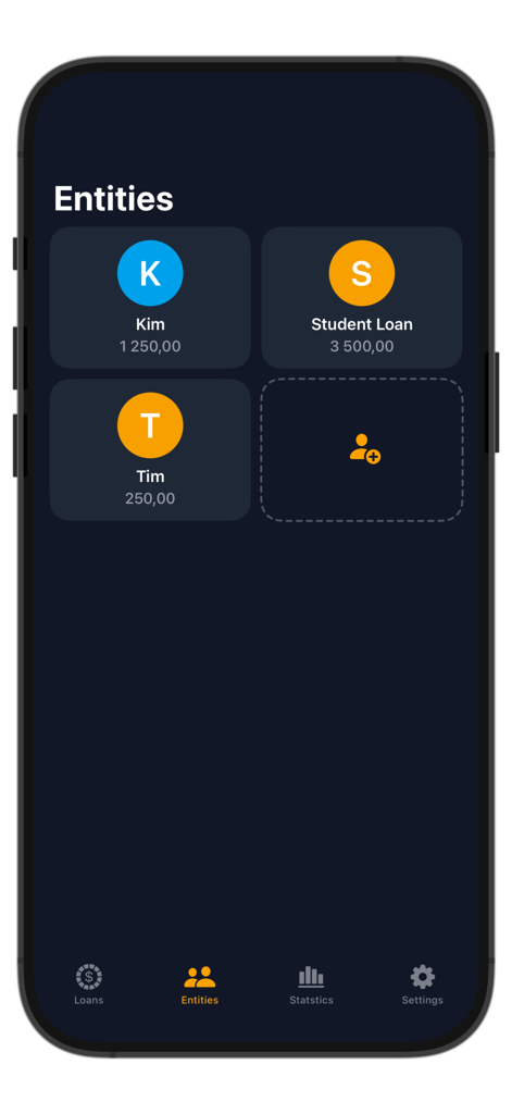 Loan & Debt Tracker - Loan and Debt Tracker app interface showing the Entities screen with a list of individual borrowers and a student loan entry
