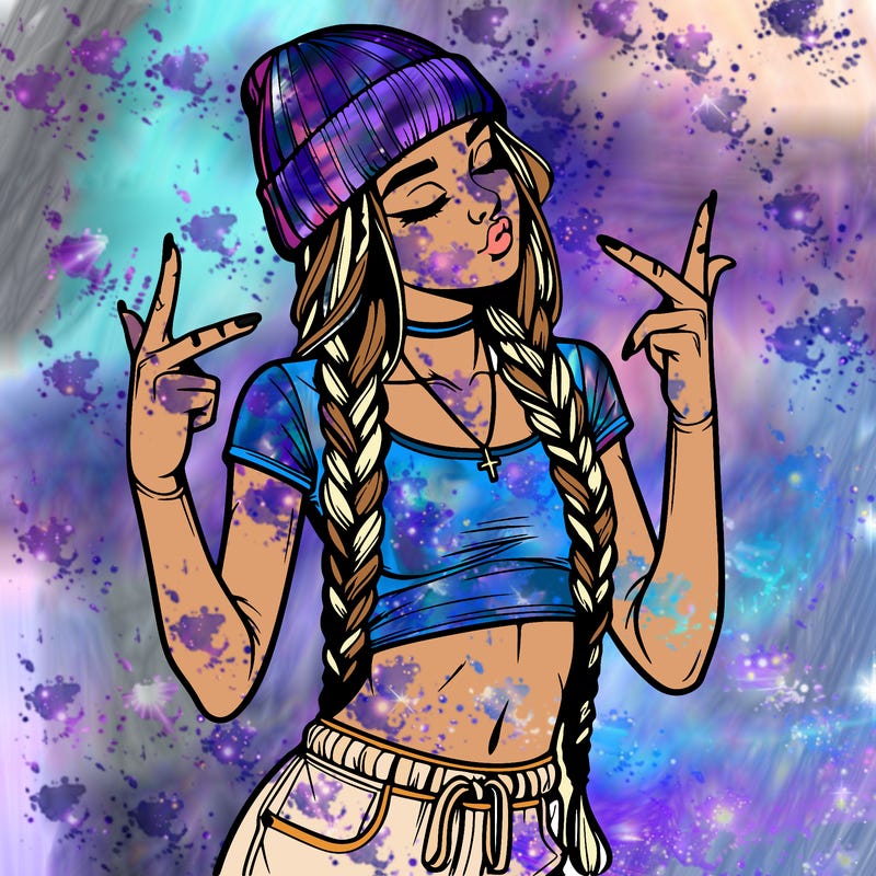 realistic teenage girl with braids and a beanie and crop top doing 🫶🏼