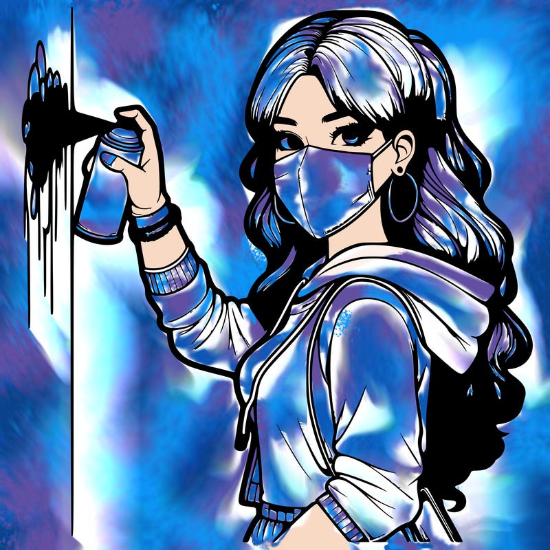 realistic girl with mask spray painting a wall