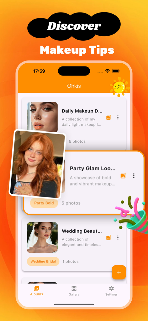 ohkis - Ohkis app interface showing categorized makeup albums for daily, party, and wedding looks.