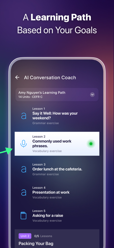 Personalized English learning path in ELSA Speak featuring professional modules for workplace communication