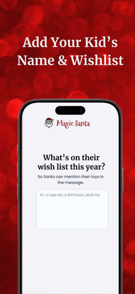 Magic Santa: Calls and Video - Interface for adding a child's wishlist to create a personalized message from Santa in the Magic Santa app