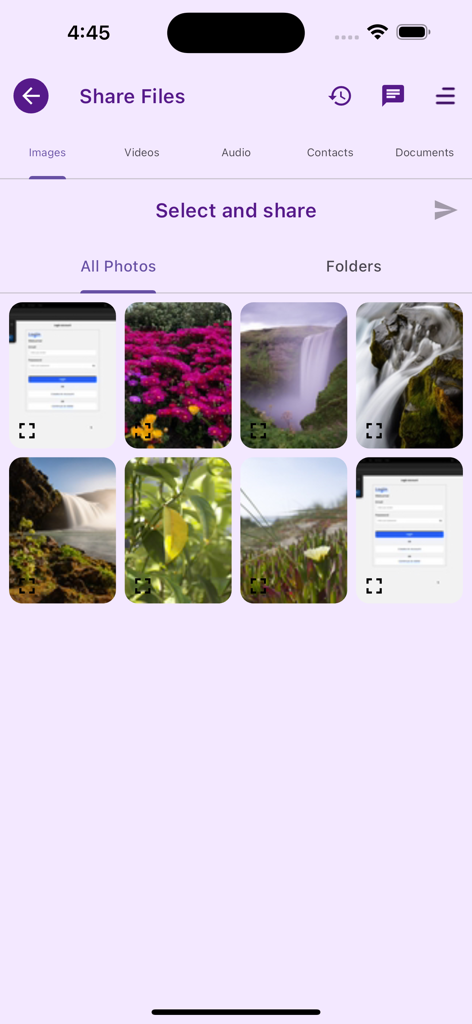 The image selection screen of the Data Transfer app featuring a grid of photos for quick sharing.