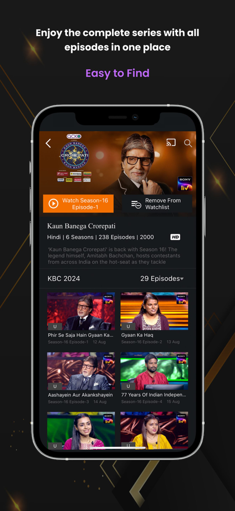 YuppTV - Live TV & Movies - YuppTV app interface showing episodes of the Indian TV series Kaun Banega Crorepati on a smartphone.
