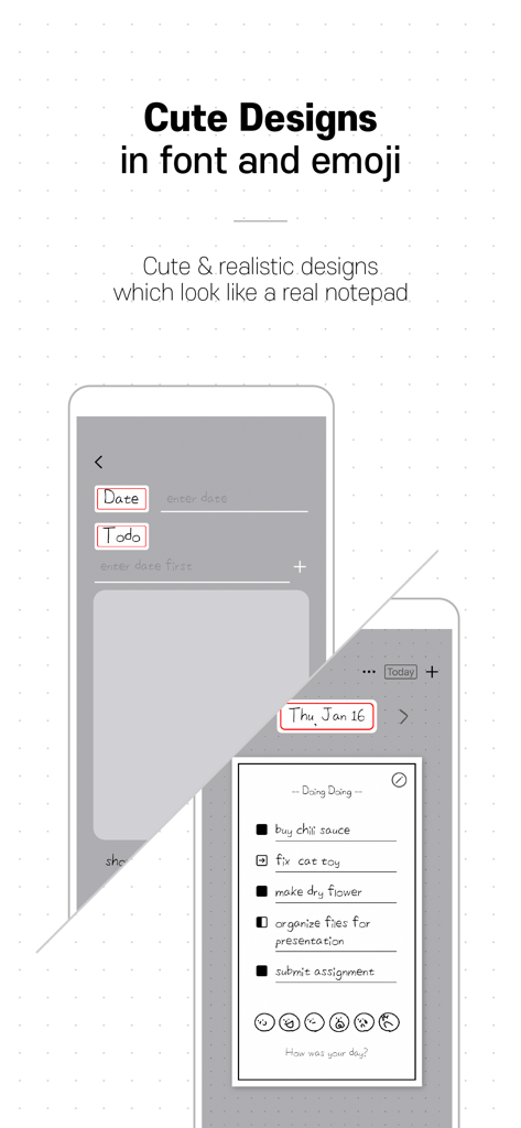 Doing Doing - A preview of cute fonts and emoji designs in the Doing Doing app interface showing a minimalist to-do list on a realistic notepad background.