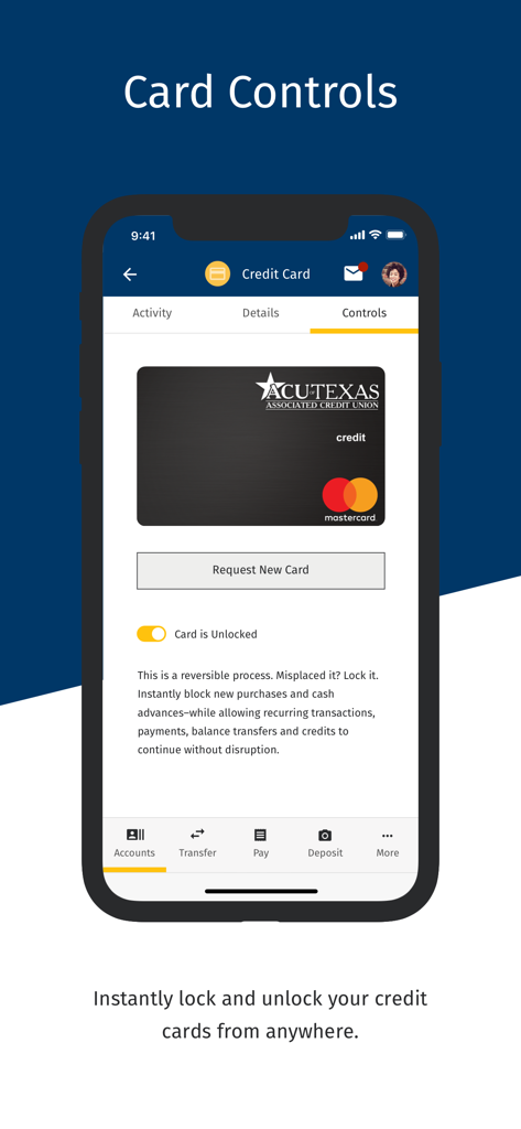ACU of Texas mobile banking app screen showing card controls to instantly lock or unlock a credit card.