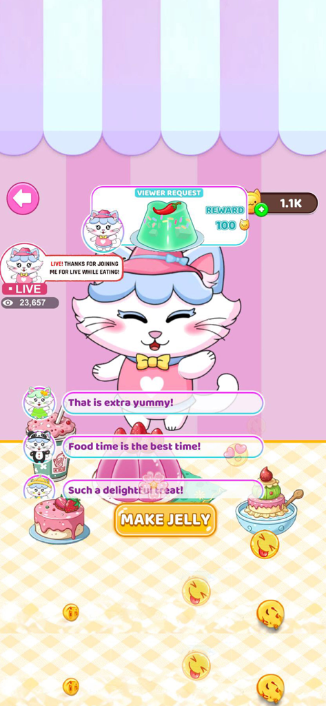 Jelly Yum Run Eating ASMR Game - ファンのコメントと食品のリクエストが表示される、バーチャルゼリーむくばんライブストリームをホストする白い猫キャラクター