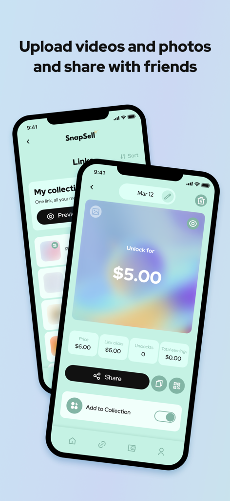 SnapSell app interface showing a media file priced at five dollars and sharing options for creators